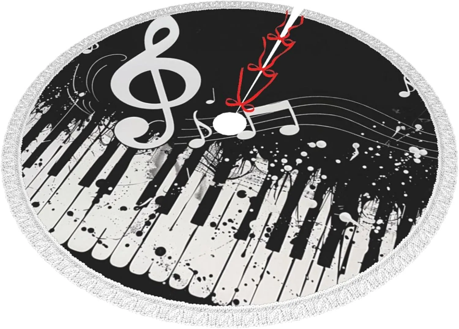 Black White Music Note Printed Christmas Tree Skirt 30 Inch - Thick Xmas Tree Skirt with Tassel for Indoor Outdoor Xmas Tree