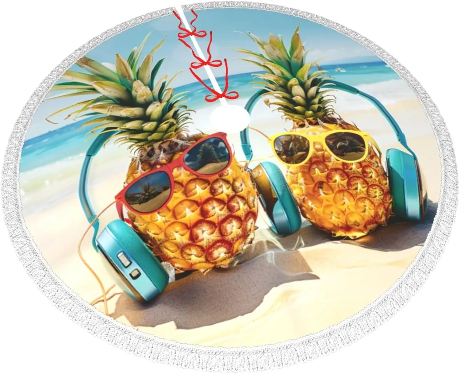 Beach Two Pineapples Sea Printed Christmas Tree Skirt 36 Inch - Thick Xmas Tree Skirt with Tassel for Indoor Outdoor Xmas