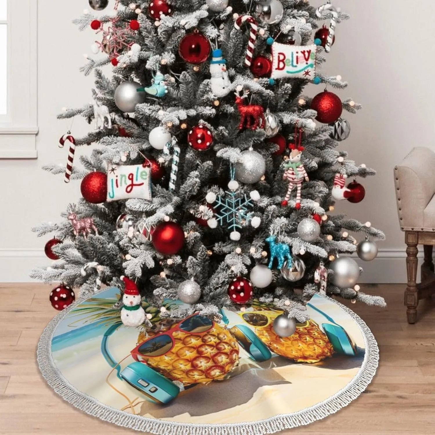 Beach Two Pineapples Sea Printed Christmas Tree Skirt 36 Inch - Thick Xmas Tree Skirt with Tassel for Indoor Outdoor Xmas