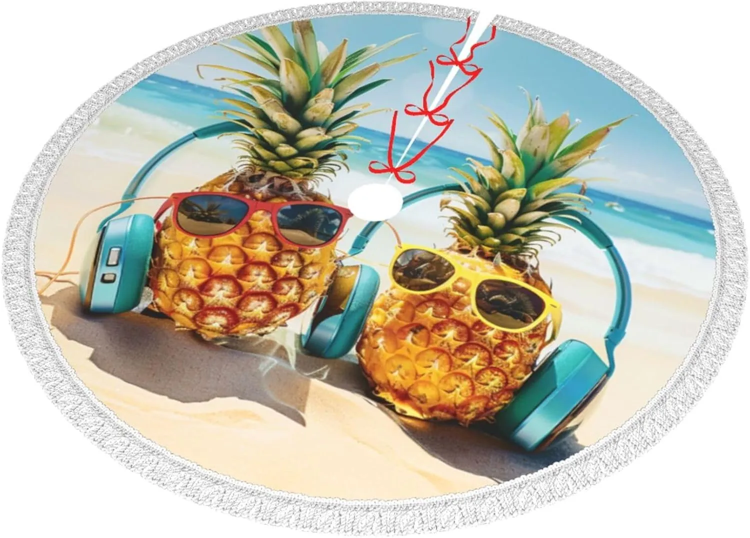 Beach Two Pineapples Sea Printed Christmas Tree Skirt 36 Inch - Thick Xmas Tree Skirt with Tassel for Indoor Outdoor Xmas