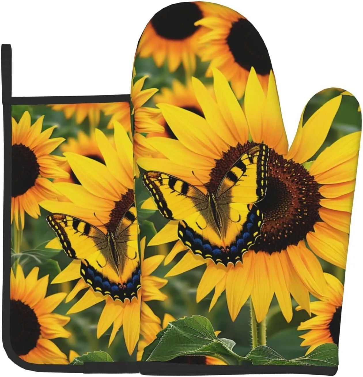 Butterfly Blooming Sunflower Plants Flowers Printed Oven Mitts and Pot Holders Set of 2 - Heat Resistant