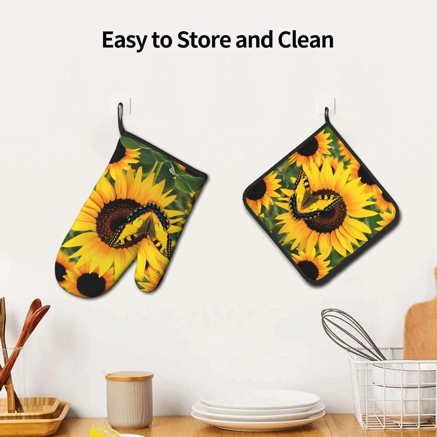 Butterfly Blooming Sunflower Plants Flowers Printed Oven Mitts and Pot Holders Set of 2 - Heat Resistant