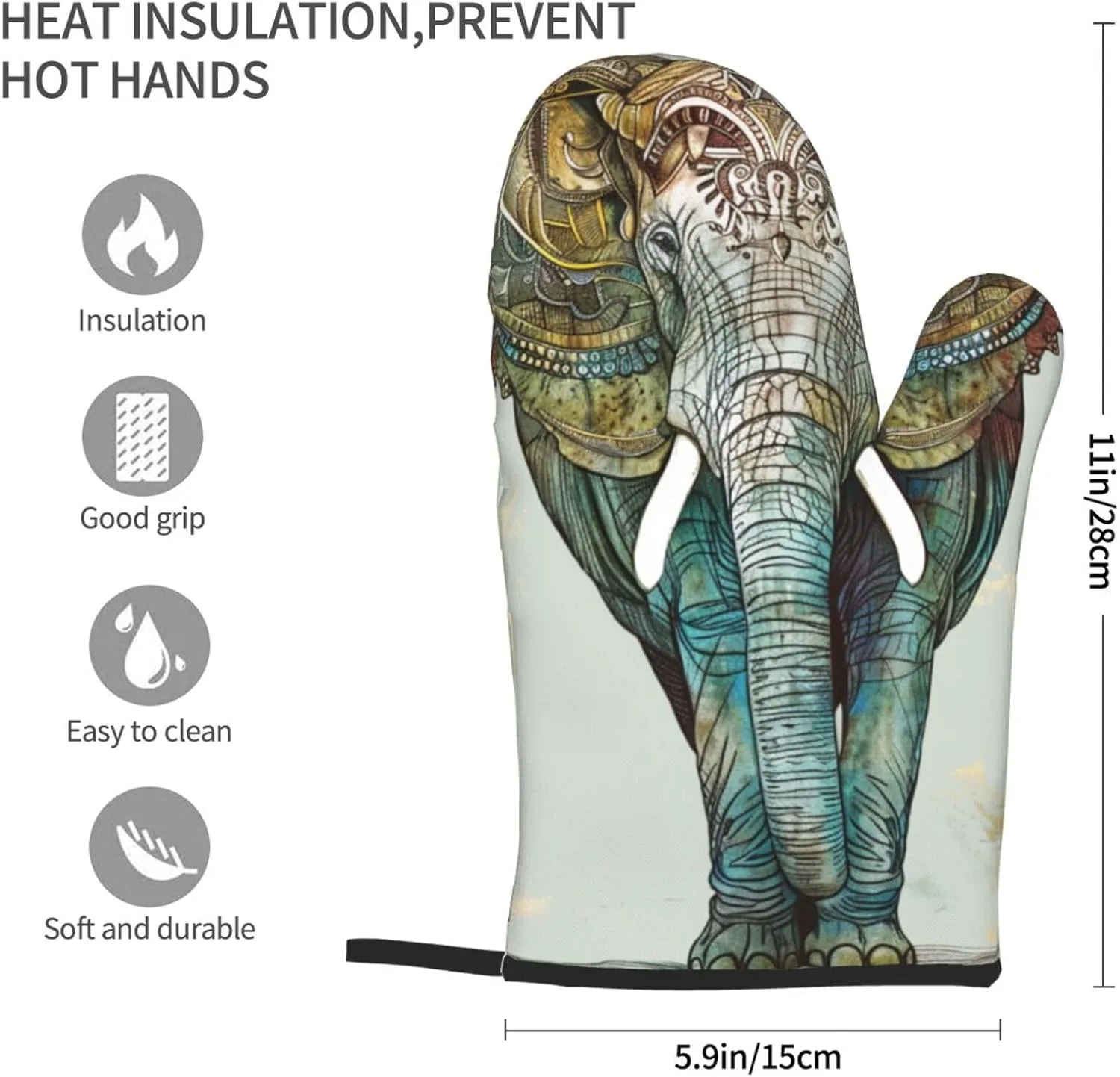 Elephant Print Printed Oven Mitts 2pcs - Heat Resistant Waterproof Fabric Oven Gloves for Kitchen, Baking