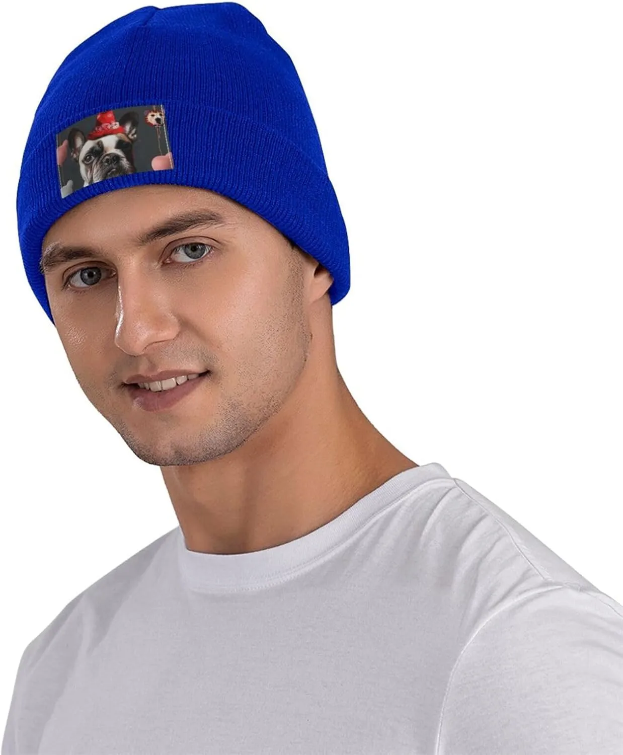 French Bulldog Printed Beanie for Men Women Warm Winter Skull Knit Hats Cuffed Cap,Black Blue One Size