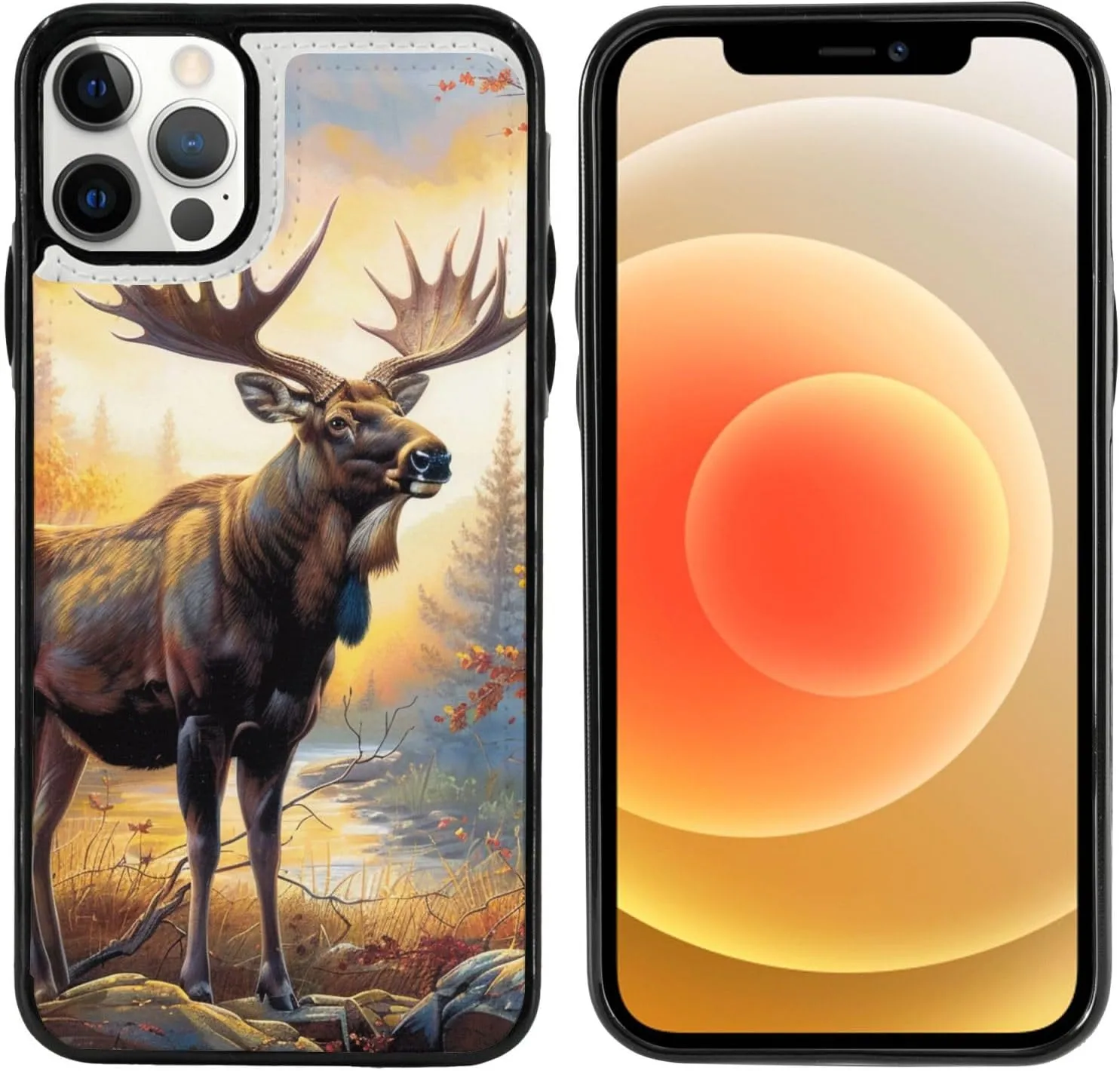 Fall Moose Deer Printed Wallet Case for iPhone 12-6.1 Inch with Card Holder