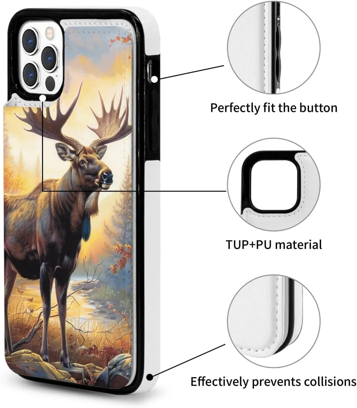 Fall Moose Deer Printed Wallet Case for iPhone 12-6.1 Inch with Card Holder