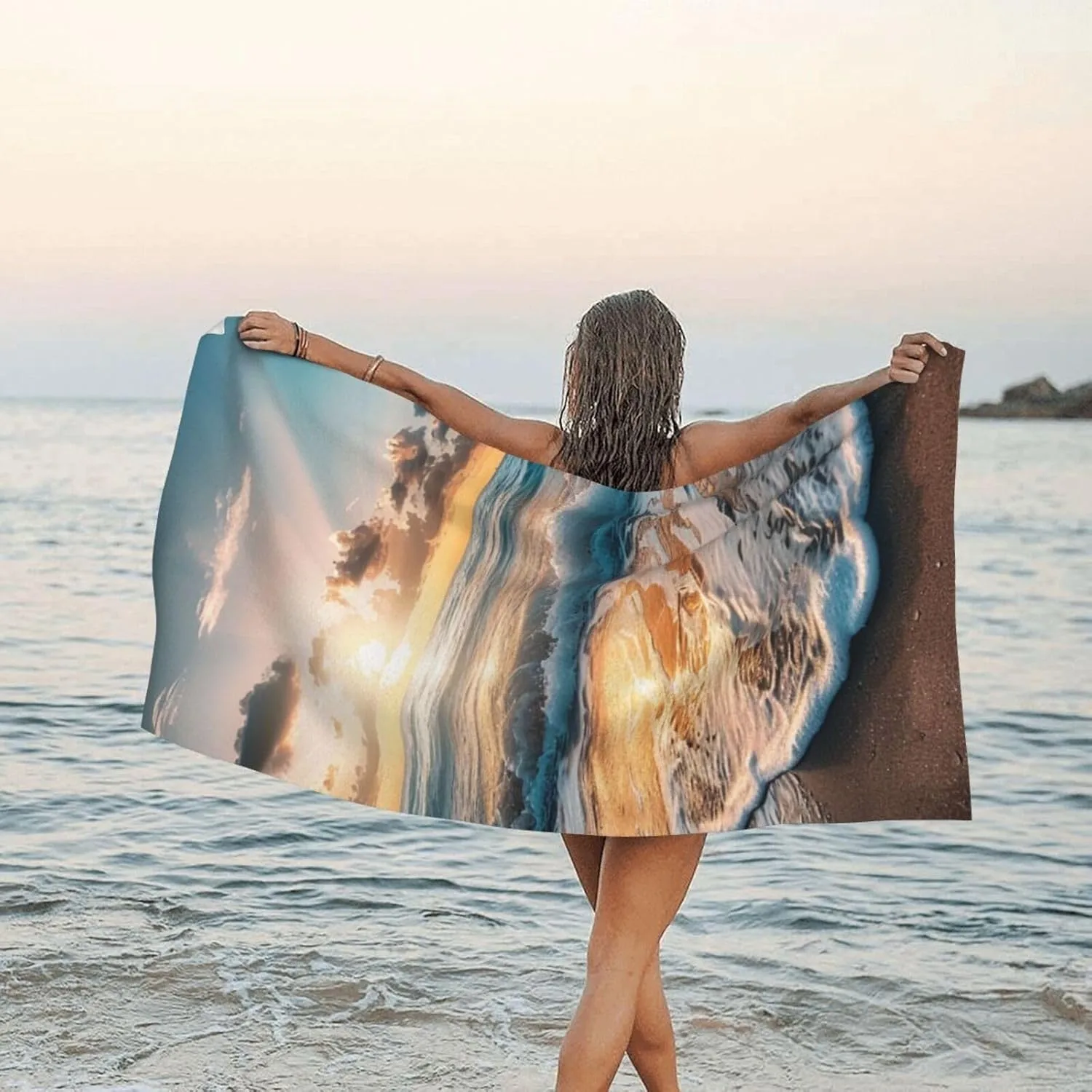 Beach Sunset Sea Waves Printed Microfiber Quick Dry Bath Towel 27.5"X55" - Absorbent, Soft, and Perfect for Travel, Beach