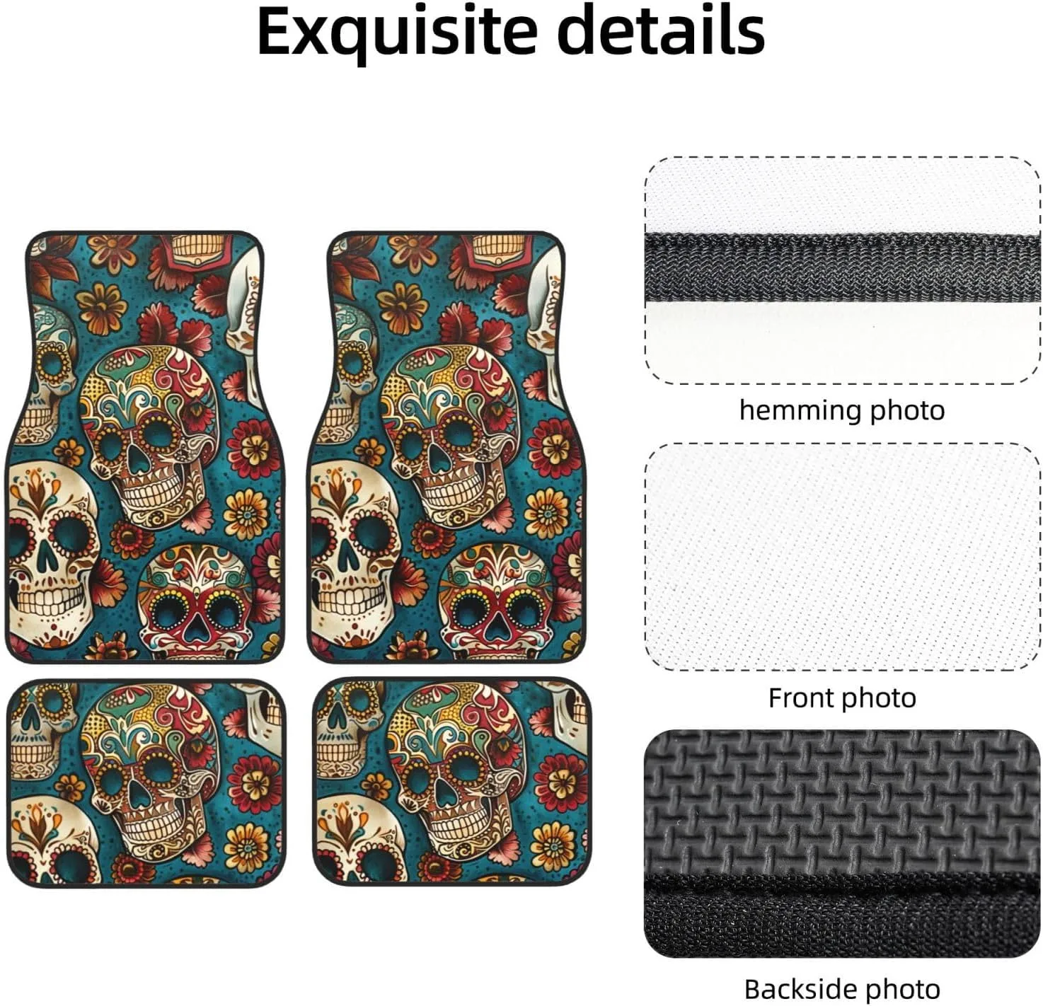 Sugar Skulls Print Printed Car Floor Mats Set of 4 Pieces | Floor Mats Protection for Cars Full Sets | Non-Slip & Waterproof