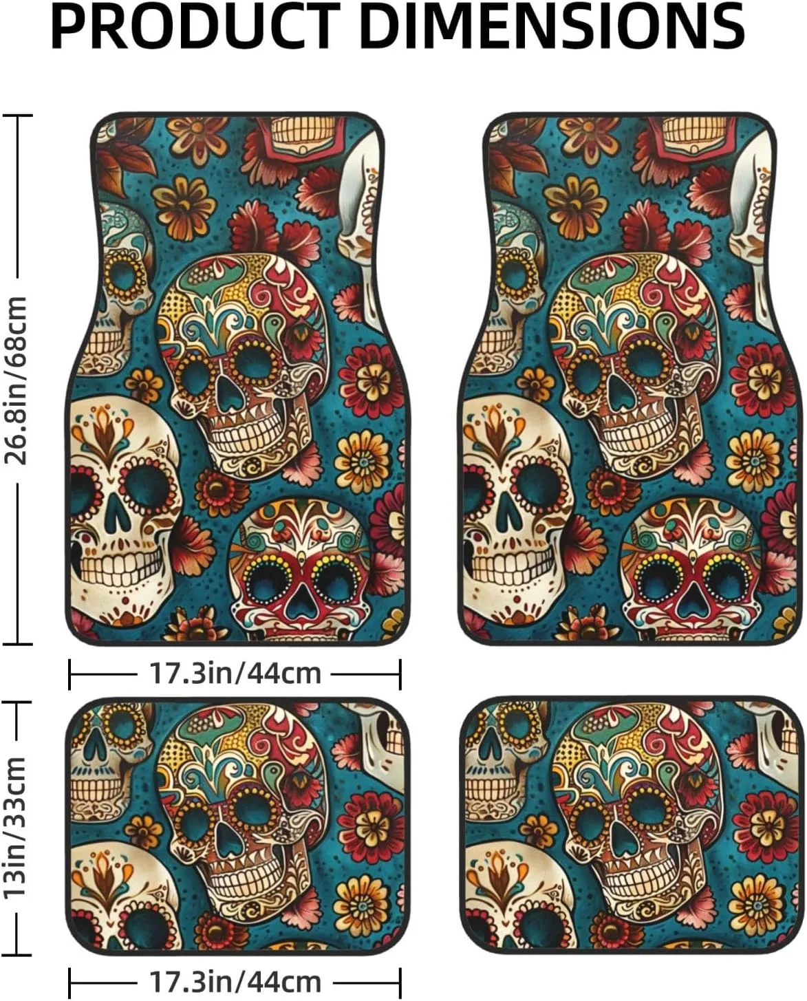 Sugar Skulls Print Printed Car Floor Mats Set of 4 Pieces | Floor Mats Protection for Cars Full Sets | Non-Slip & Waterproof