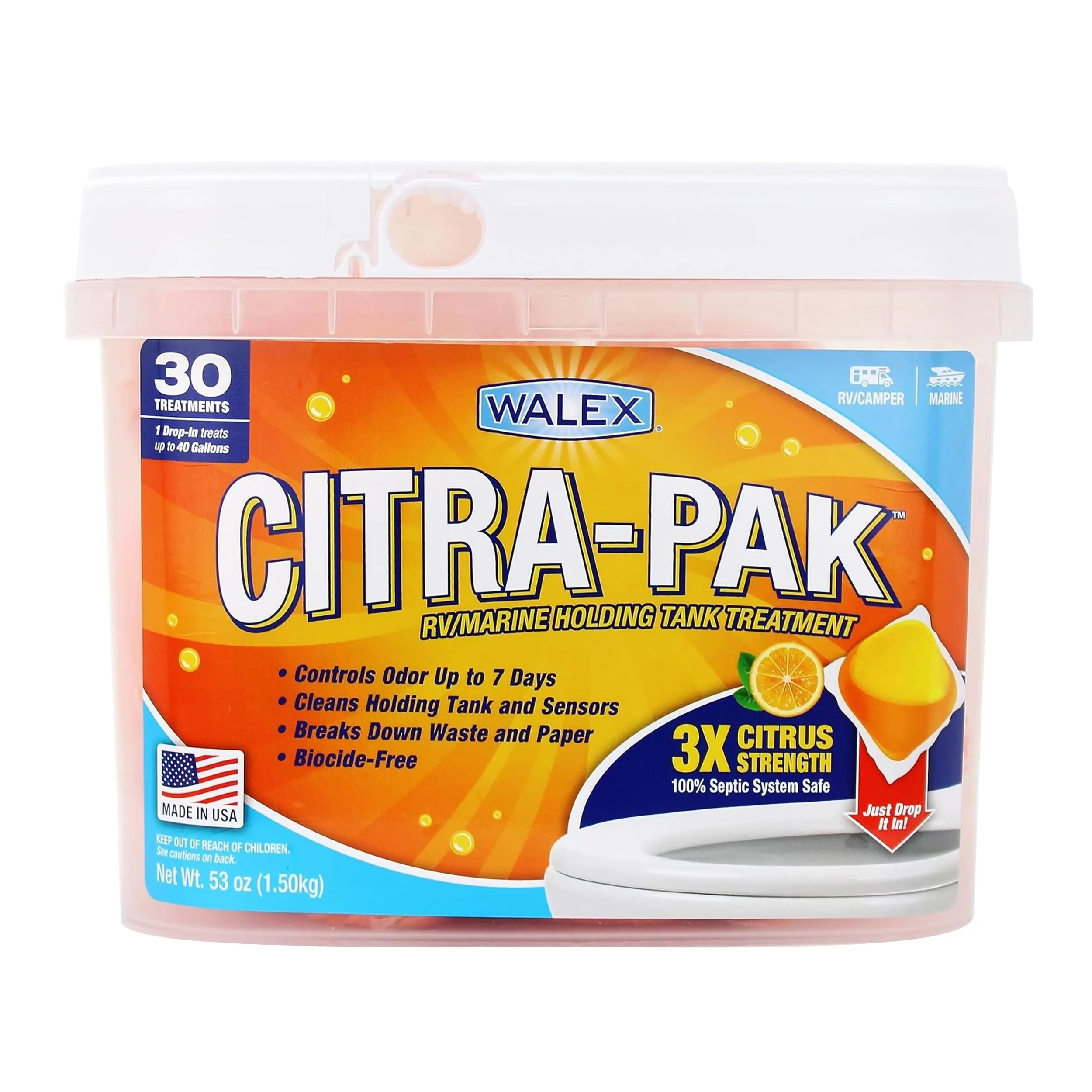 Walex Citra-Pak RV/Marine Holding Tank Deodorizer Drop-Ins, Citrus, 30 Pack