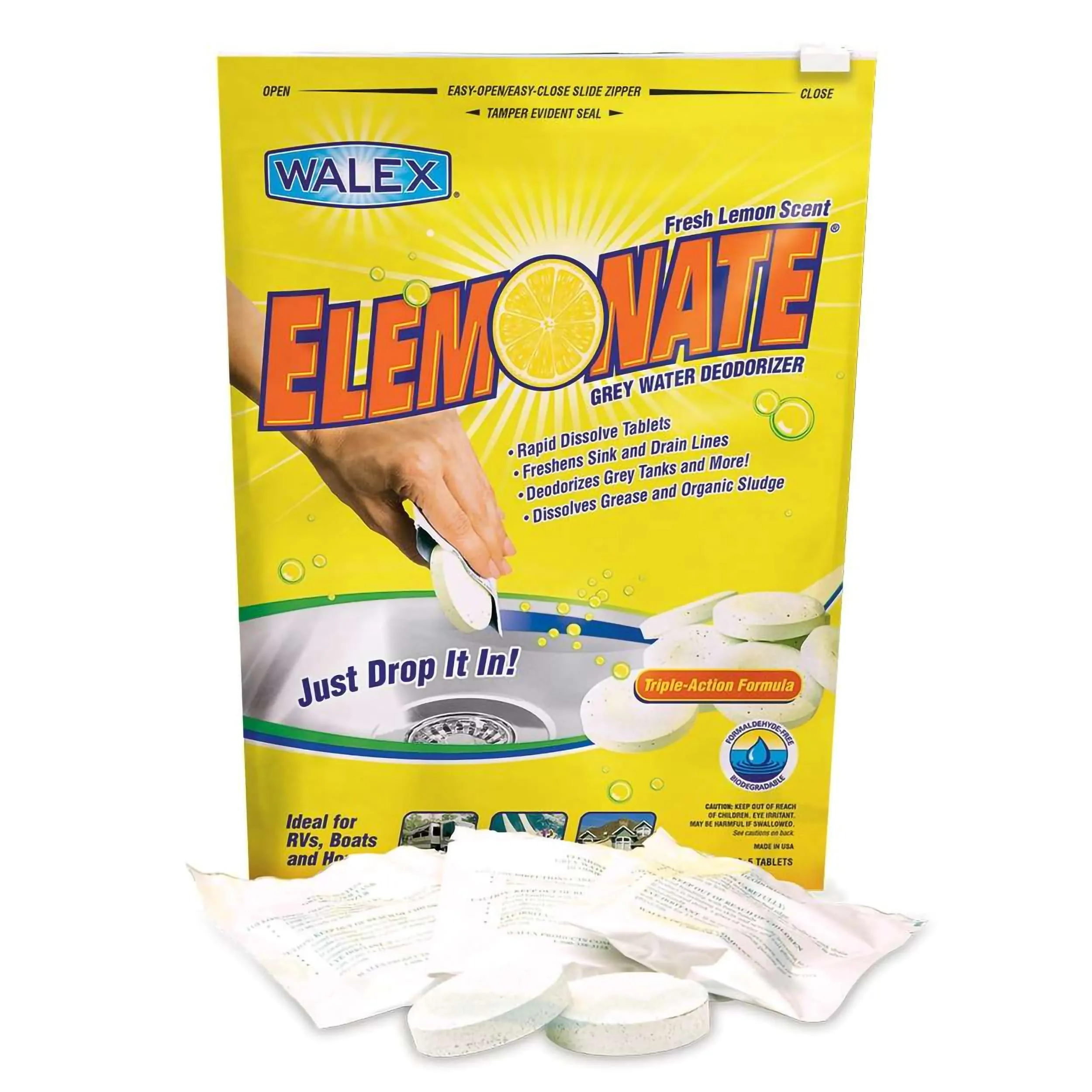 Walex Elemonate Grey Water Tank Deodorizer & Freshener - Freshens Sink & Drain Lines, Rapid Dissolving Drop-In Tablets, Ideal for RV's, Boats & Homes, Easy to Use - Fresh Lemon Scent, 5 Pack