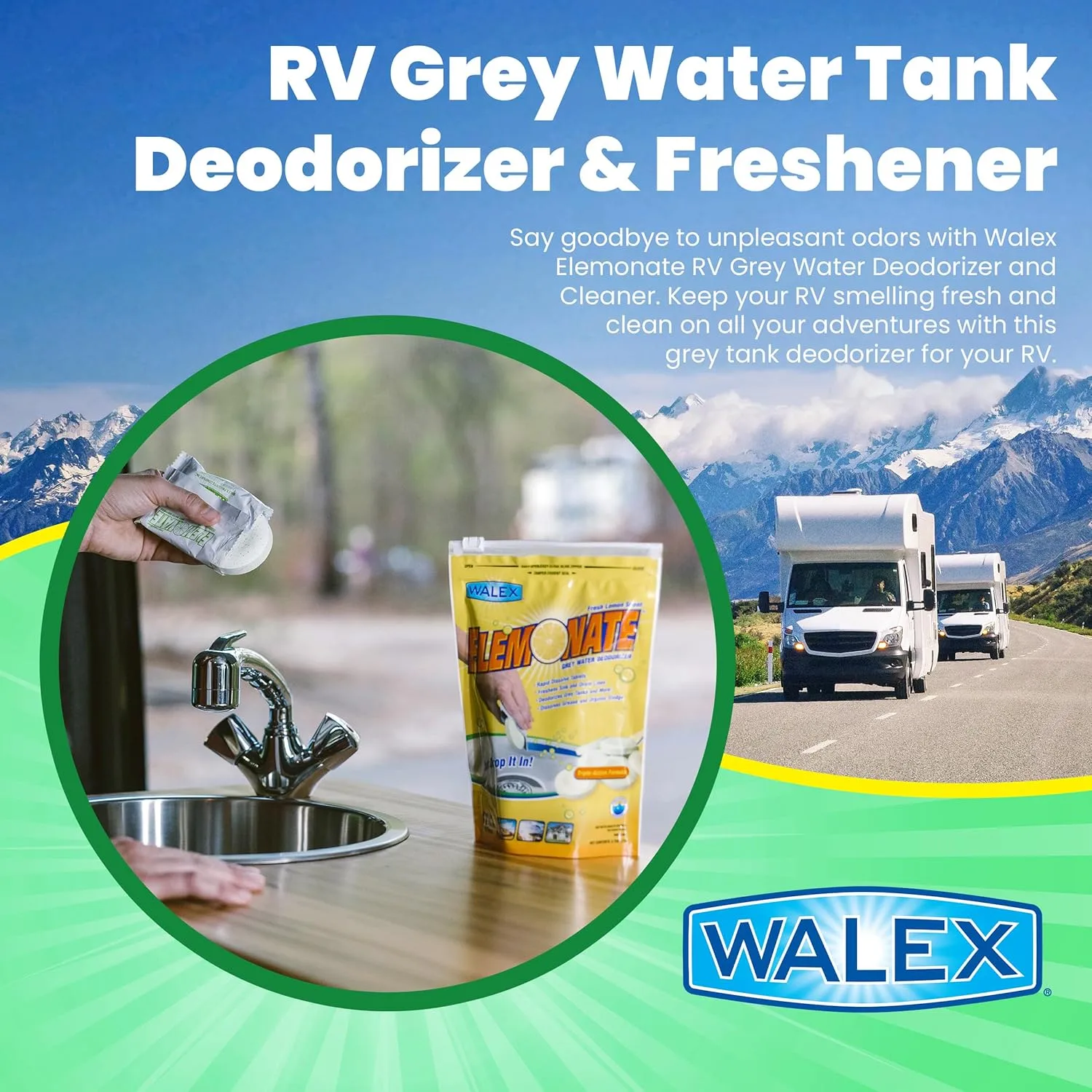 Walex Elemonate Grey Water Tank Deodorizer & Freshener - Freshens Sink & Drain Lines, Rapid Dissolving Drop-In Tablets, Ideal for RV's, Boats & Homes, Easy to Use - Fresh Lemon Scent, 5 Pack