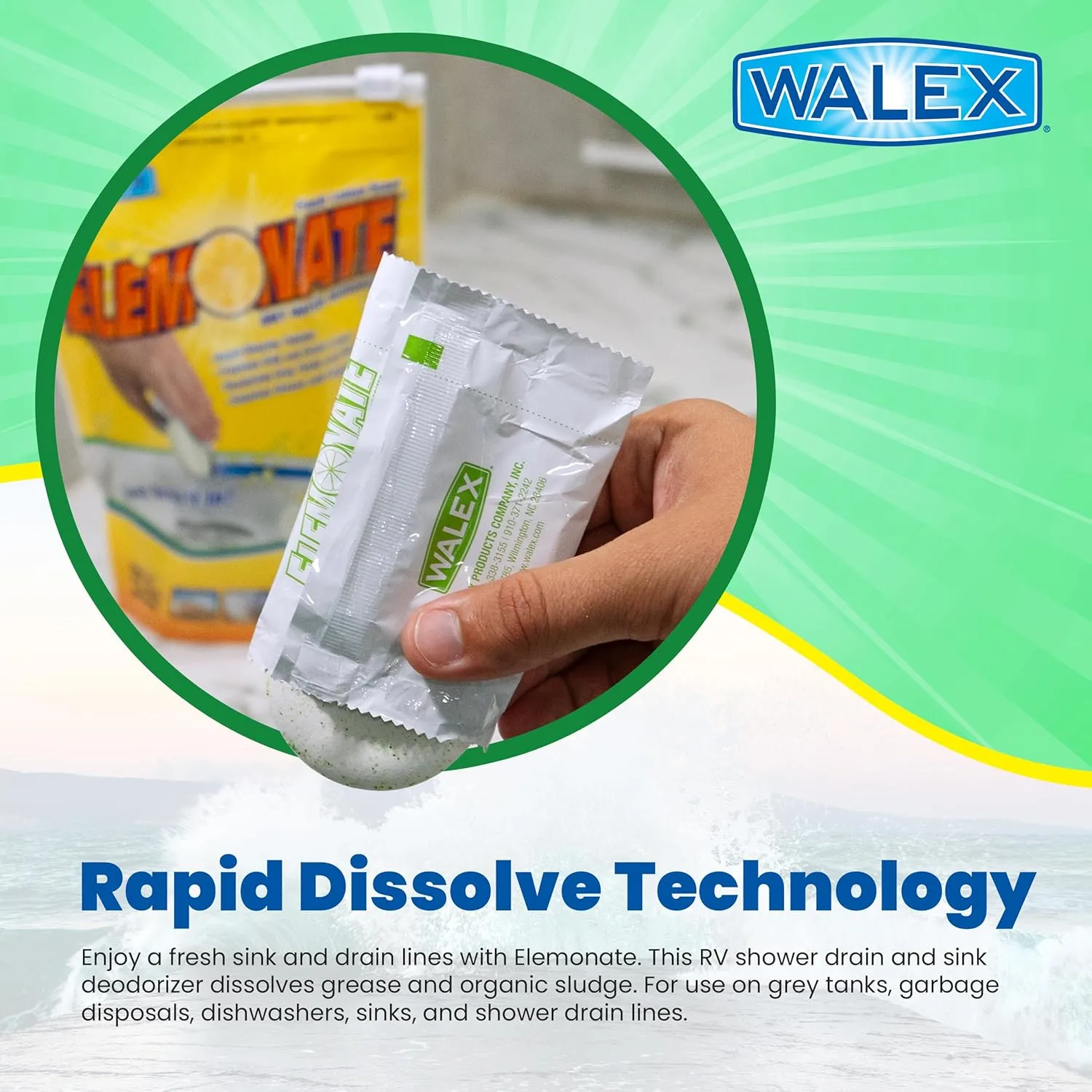 Walex Elemonate Grey Water Tank Deodorizer & Freshener - Freshens Sink & Drain Lines, Rapid Dissolving Drop-In Tablets, Ideal for RV's, Boats & Homes, Easy to Use - Fresh Lemon Scent, 5 Pack