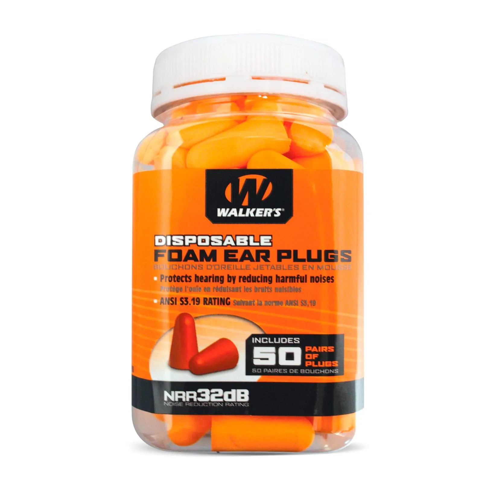 WALKER'S 32dB Noise-Canceling ANSI S3.19 Foam Earplugs, Security Sealed Jar