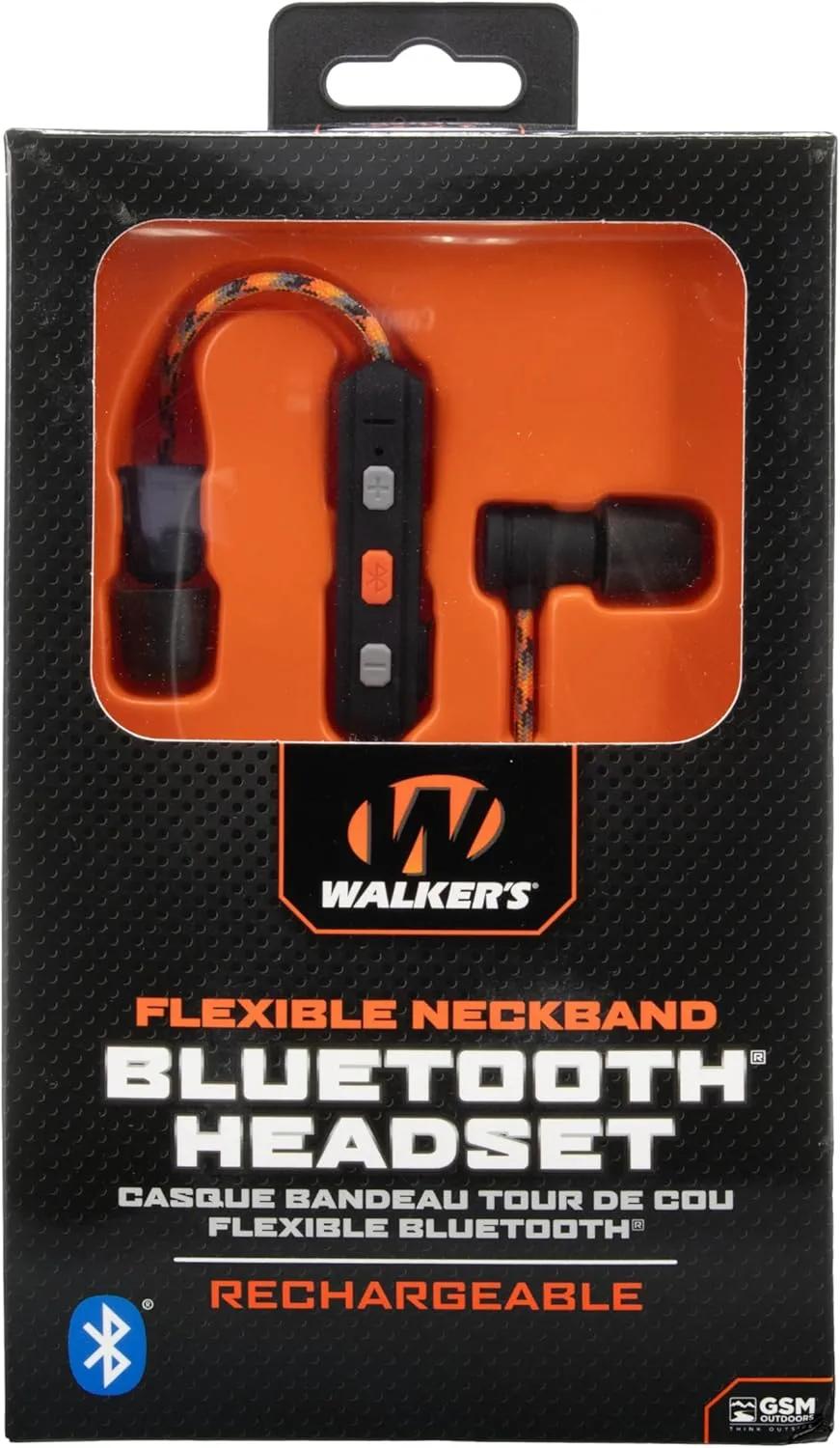 Walker's Flexible Bluetooth Neckband Headset 30 NRR Passive Hearing Protection Earbuds with 12" USB Charging Cable & EVA