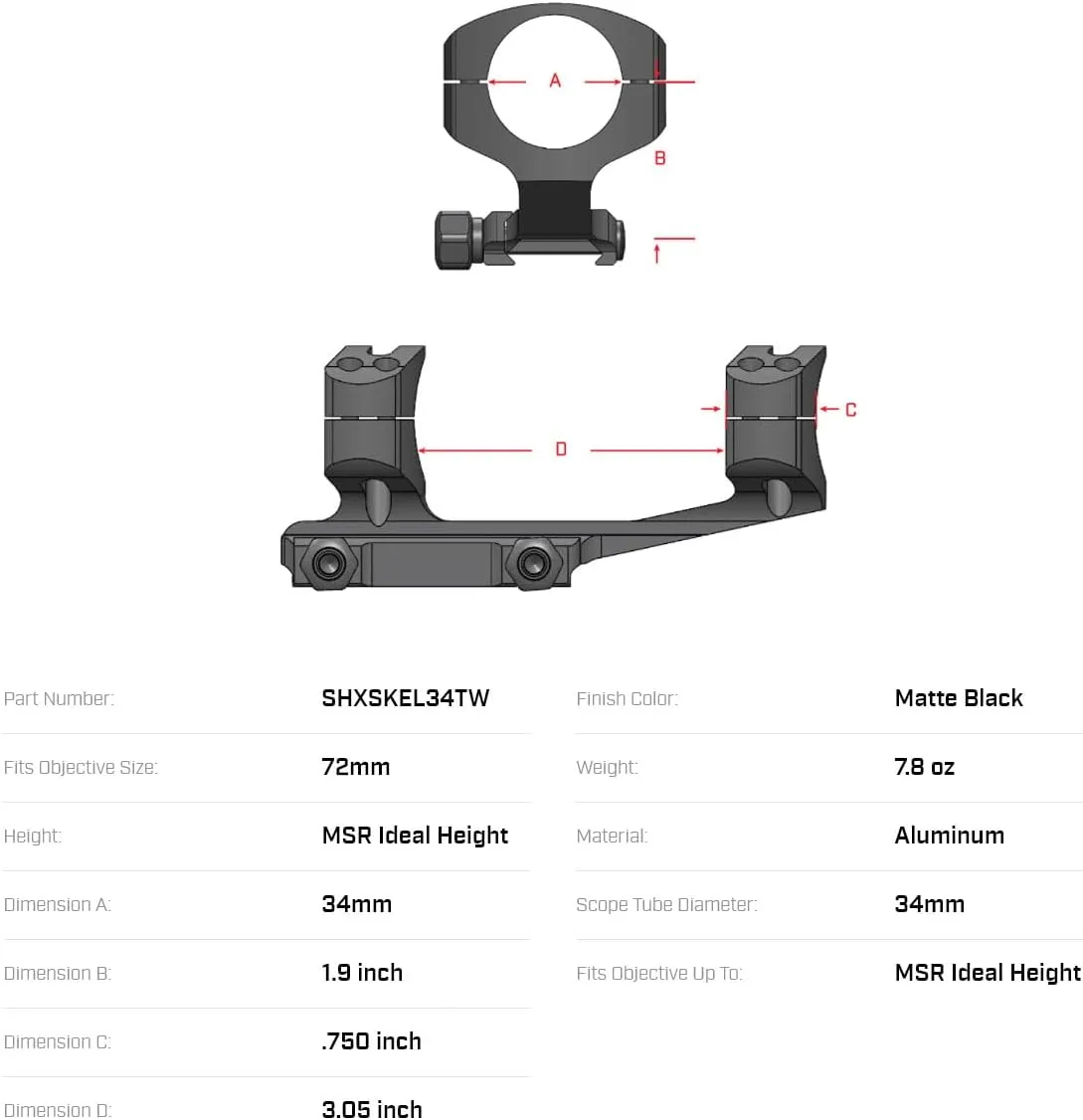 WARNE SHXSKEL34TW 1.9 inch Super High, 34mm MSR Mount, 6061/T6 Aluminum, Steel Threaded Inserts, Black