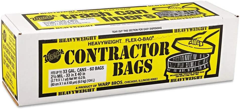 Warp Brothers HB3360 Heavyweight Contractor Bags, 33 x 40, 33gal, 2.50mil, Black, 60/Box