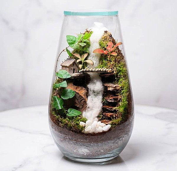 Waterfall Bridge Closed Glass Terrarium