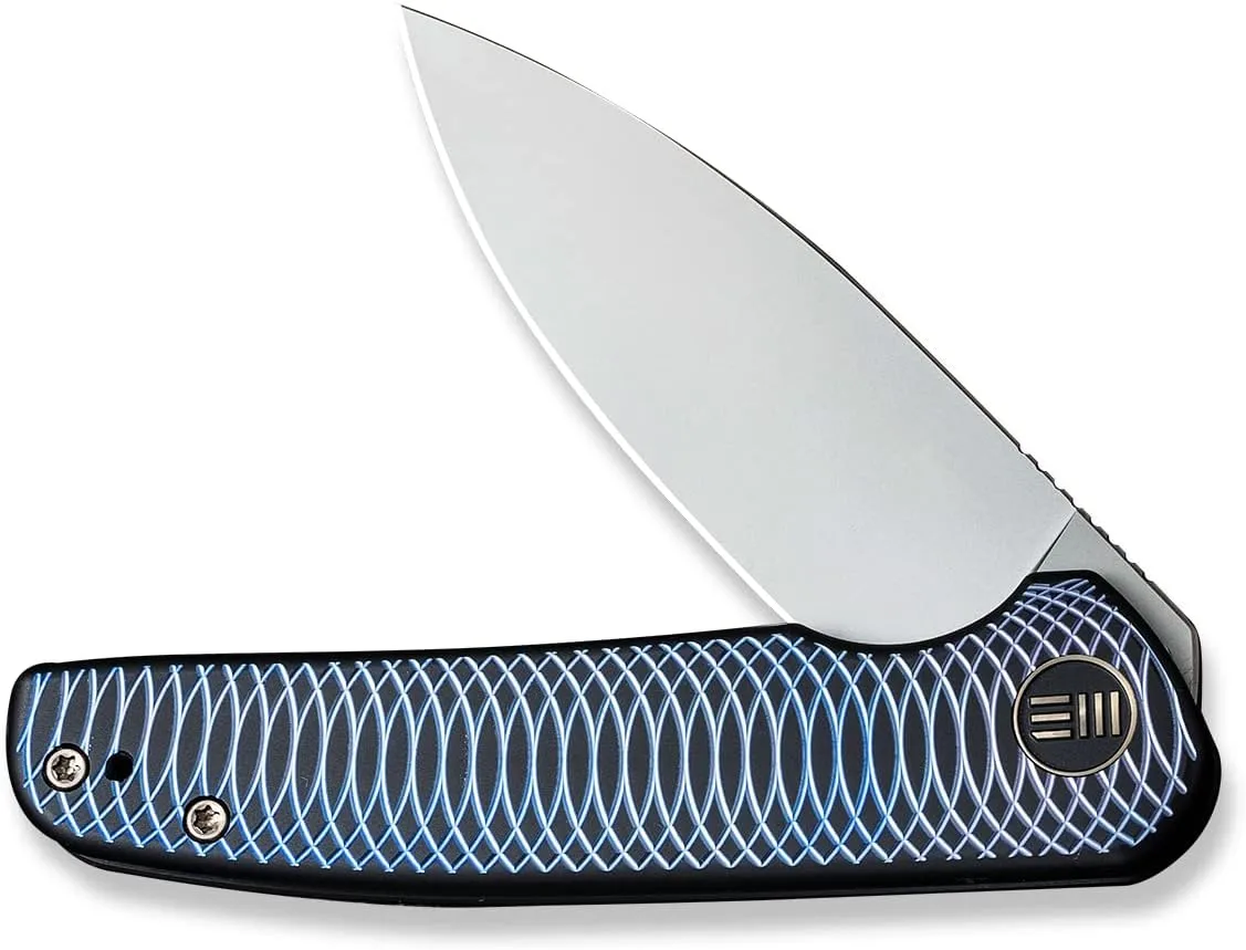 WE KNIFE WE20052C-1 Blue Satin Polished Patterned Titanium Presentation Handle with Black Titanium Lock Side Handle