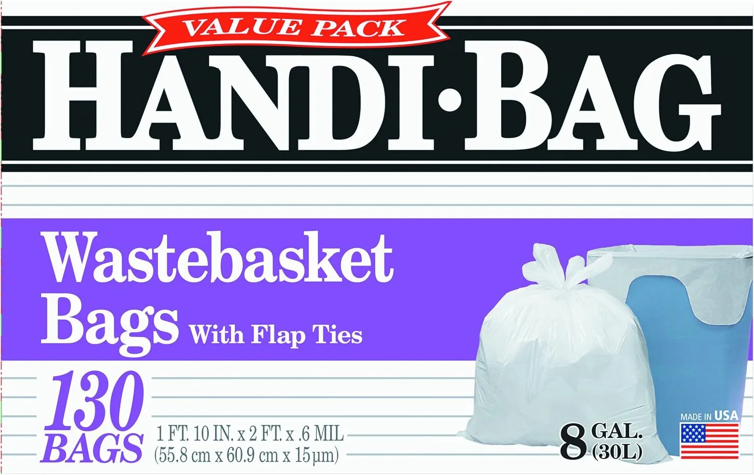 Handi-Bag HAB6FW130 Super Value Pack, 8gal, 0.6mil, 22 x 24, White (Box of 130)