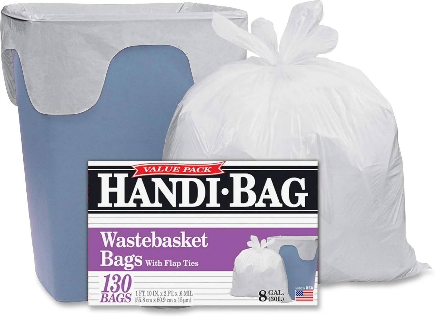 Handi-Bag HAB6FW130 Super Value Pack, 8gal, 0.6mil, 22 x 24, White (Box of 130)
