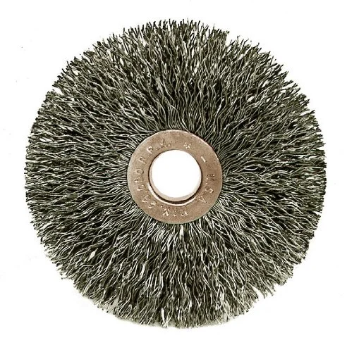 Weiler Steel Wheel Brush - 0.0104 in Bristle Dia Arbor Attachment - 1 3/8 in OD & 20000 Max RPM - 1/4 in Center Hole Size