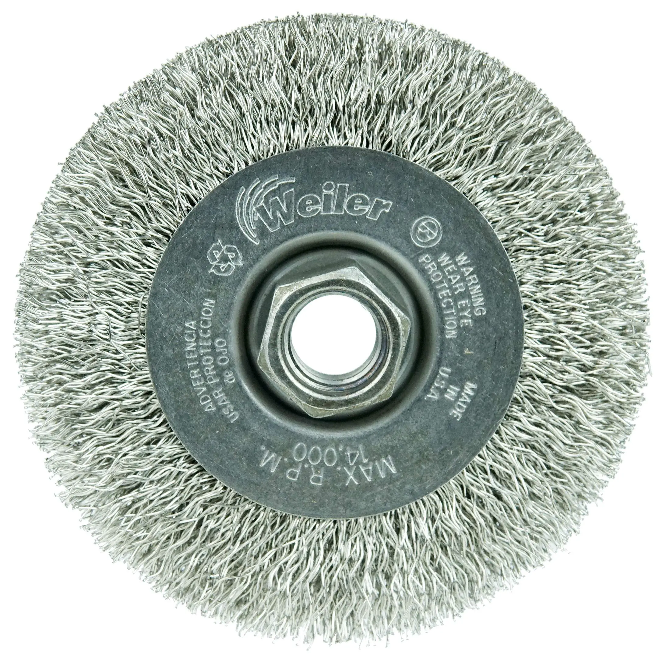 Weiler 13085 4" Narrow Face Crimped Wire Wheel, .014" Stainless Steel Fill, 5/8"-11 Unc Nut, Made in the USA