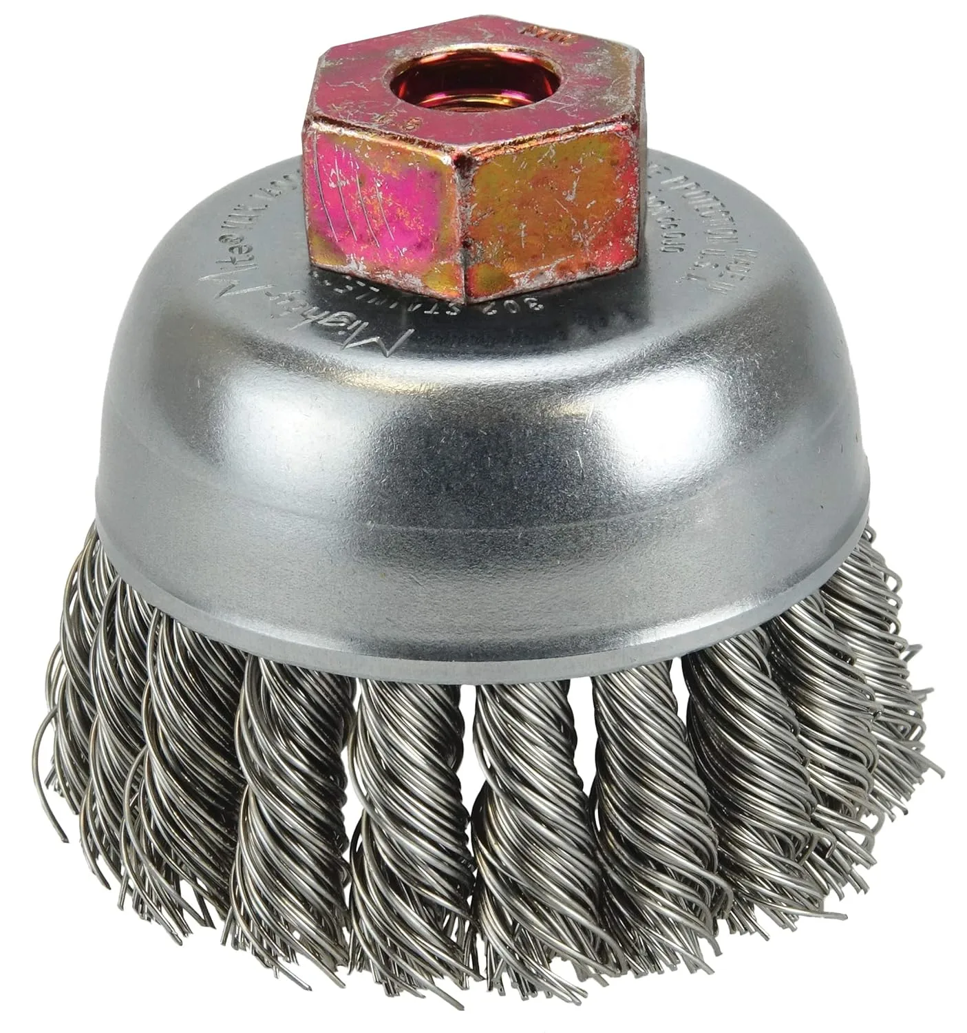 Weiler 13254 2-3/4" Single Row Knot Wire Cup Brush, 0.020" Stainless Steel Fill, M10 x 1.50 Nut, Made in The USA