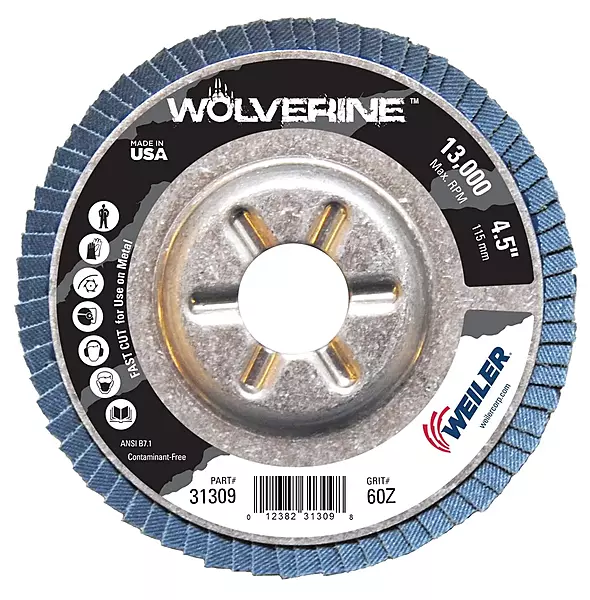 Weiler 31309 Vortec Pro 7/8" Arbor, 4-1/2" Diameter, 60 Grit, Zirconium, Aluminum Backing, Angled Abrasive Flap Disc