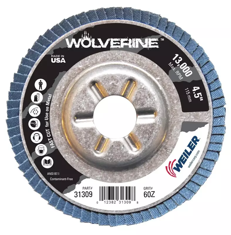 Weiler 31309 Vortec Pro 7/8" Arbor, 4-1/2" Diameter, 60 Grit, Zirconium, Aluminum Backing, Angled Abrasive Flap Disc