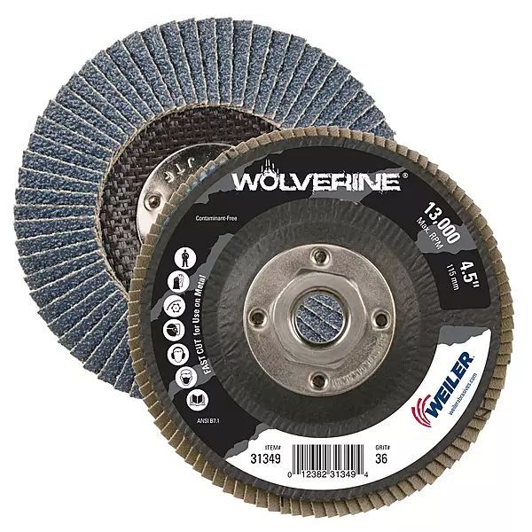 Weiler 31349 4-1/2" Wolverine Abrasive Flap Disc, Conical (TY29), Phenolic Backing, 36Z