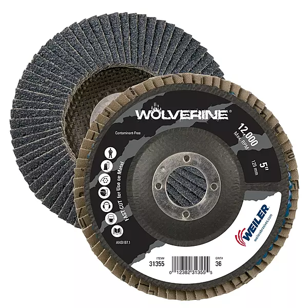 Weiler 31355 Wolverine 5" x 7/8" Arbor Hole Abrasive Flap Disc, 36 Grit Zirconia Alumina, Bevel Type 29, Phenolic Backing