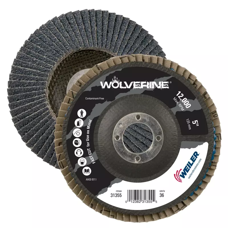 Weiler 31355 Wolverine 5" x 7/8" Arbor Hole Abrasive Flap Disc, 36 Grit Zirconia Alumina, Bevel Type 29, Phenolic Backing
