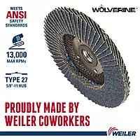 Weiler 31408 Wolverine 4-1/2" x 5/8"-11 UNC NUT Abrasive Flap Disc, 40 Grit Zirconia Alumina, Flat Type 27, Phenolic Backing