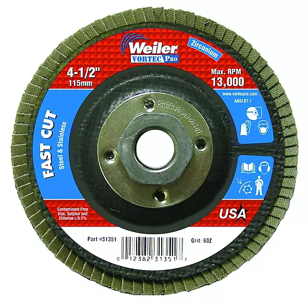 Weiler 804-31351 Vortec Pro Type 29 Flap Disc, Zirconia Alumina, 4-1/2", 60 Grit, 5/8"-11" UNC, 13000 rpm