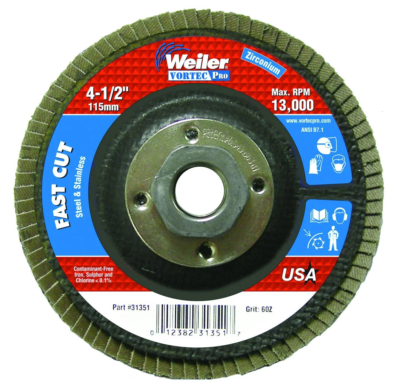 Weiler 804-31351 Vortec Pro Type 29 Flap Disc, Zirconia Alumina, 4-1/2", 60 Grit, 5/8"-11" UNC, 13000 rpm