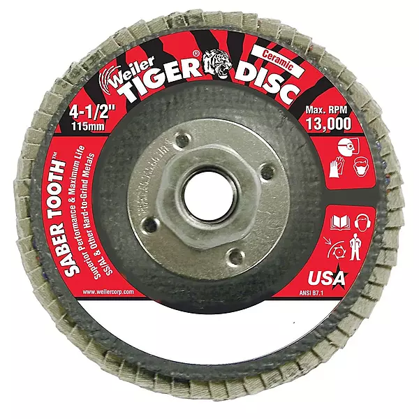 Weiler 804-50105 Saber Tooth Type 29 Angled Flap Disc, Ceramic Grain, 40 Grit, 5/8"-11" UNC, 13000 rpm, 4-1/2"