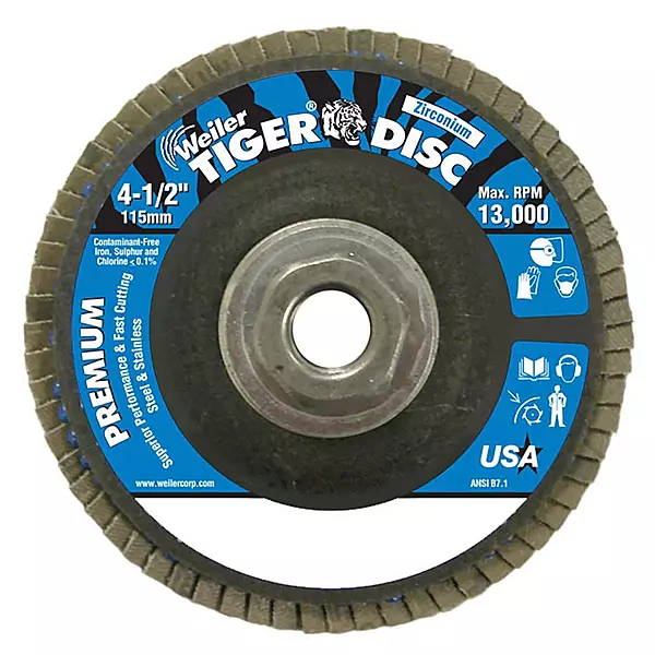 Weiler Type 27 Non-Woven Zirconium Flap Disc - Fine Grade - 4 1/2 in Dia 5/8 in Center Hole - 13000 Max RPM