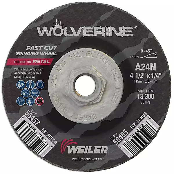 Weiler 56455 4-1/2" X 1/4" Wolverine Type 27 Grinding Wheel, A24N, 5/8"-11 Nut (pack of 1)