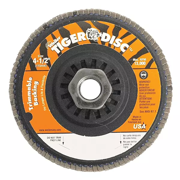 Weiler 804-50007 Tiger Trimmable Type 29 Angled Flap Disc, Zirconia Alumina, 4-1/2", 60 Grit, 5/8"-11" UNC, 13000 rpm