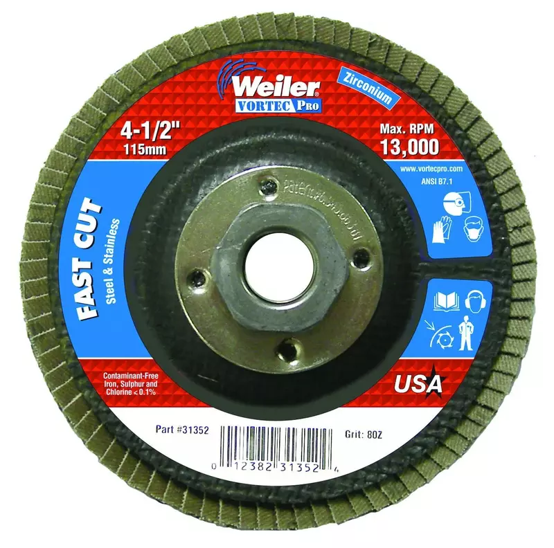 Weiler 804-31352 Vortec Pro Type 29 Flap Disc, Zirconia Alumina, 4-1/2", 80 Grit, 5/8"-11", 13000 rpm