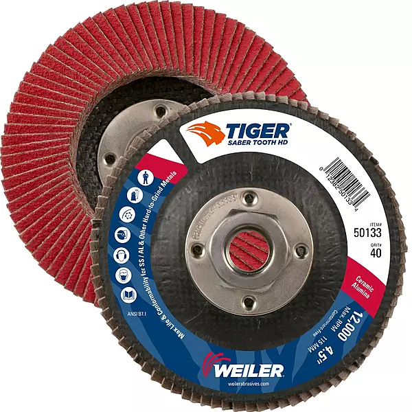 Weiler 50133 Saber Tooth 5/8"-11 Arbor, 4-1/2" Diameter, 40 Grit, Ceramic, Phenolic Backing