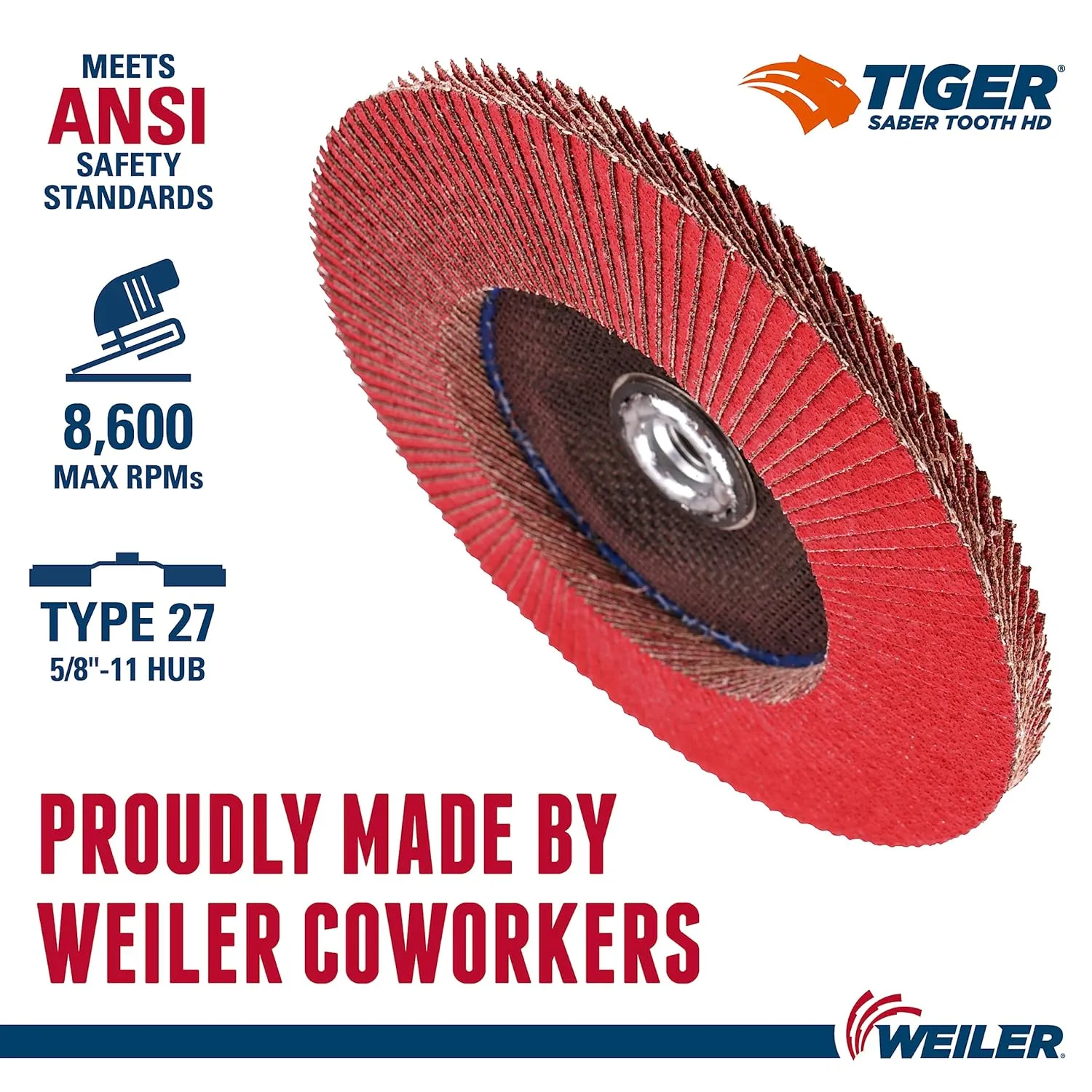 WEILER Saber Tooth High-Density Ceramic Flap Disc, 7" Diameter, Phenolic Backing, 5/8"-11 Arbor, Type 27