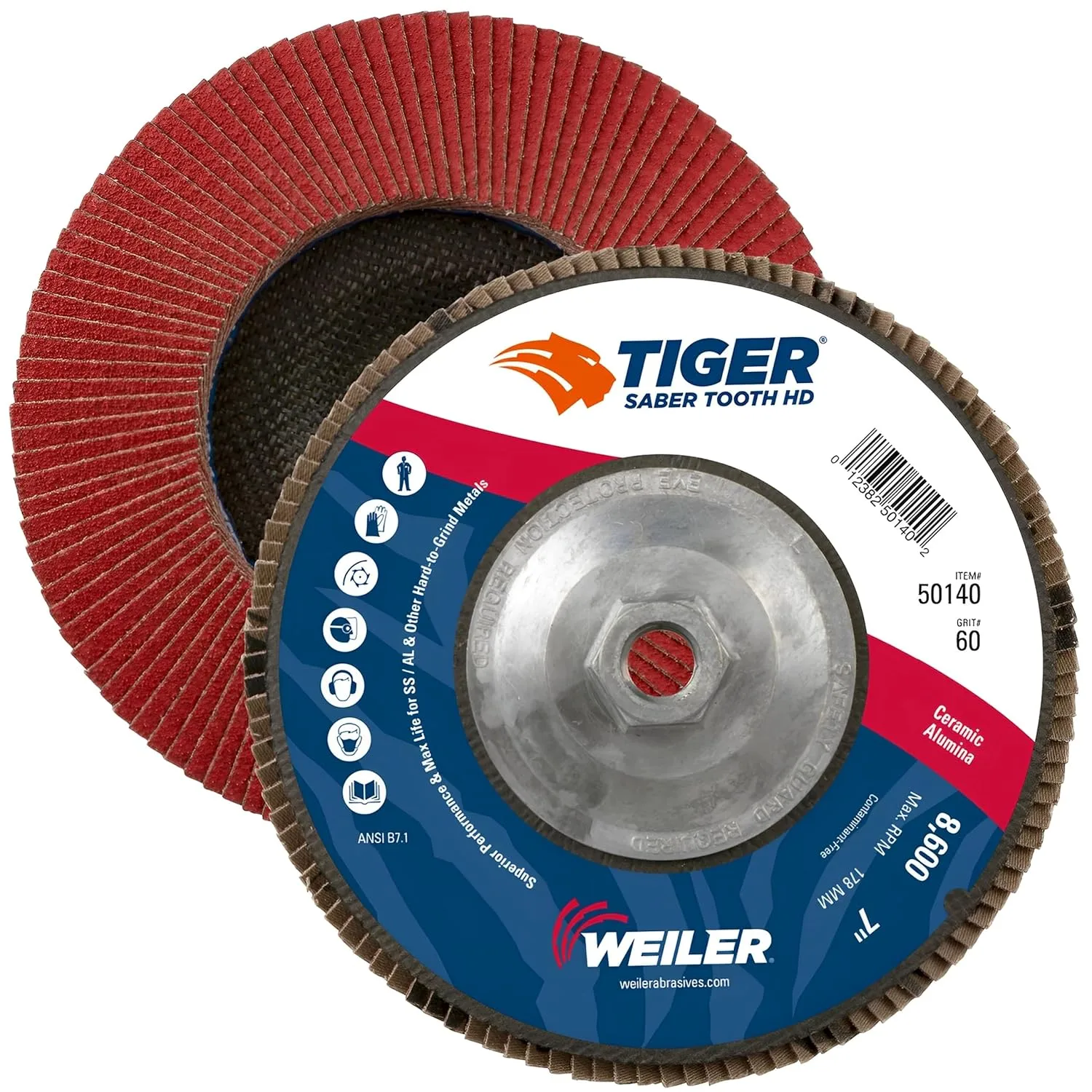 WEILER Saber Tooth High-Density Ceramic Flap Disc, 7" Diameter, Phenolic Backing, 5/8"-11 Arbor, Type 27
