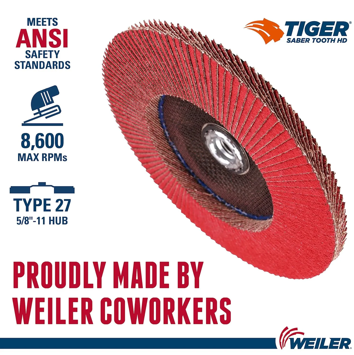 WEILER Saber Tooth High-Density Ceramic Flap Disc, 7" Diameter, Phenolic Backing, 5/8"-11 Arbor, Type 27