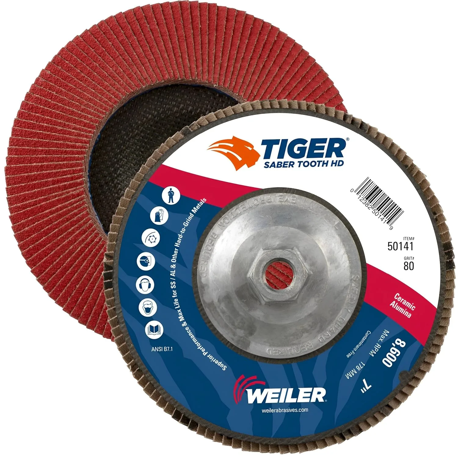 WEILER Saber Tooth High-Density Ceramic Flap Disc, 7" Diameter, Phenolic Backing, 5/8"-11 Arbor, Type 27