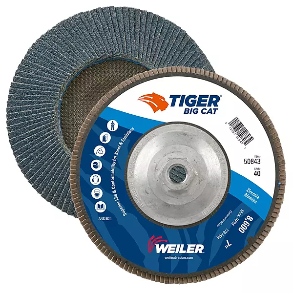 Weiler 50843 Big Cat High Density Abrasive Flap Disc, Type 27, Threaded Hole, Phenolic Backing, Zirconia Alumina, 7" Dia
