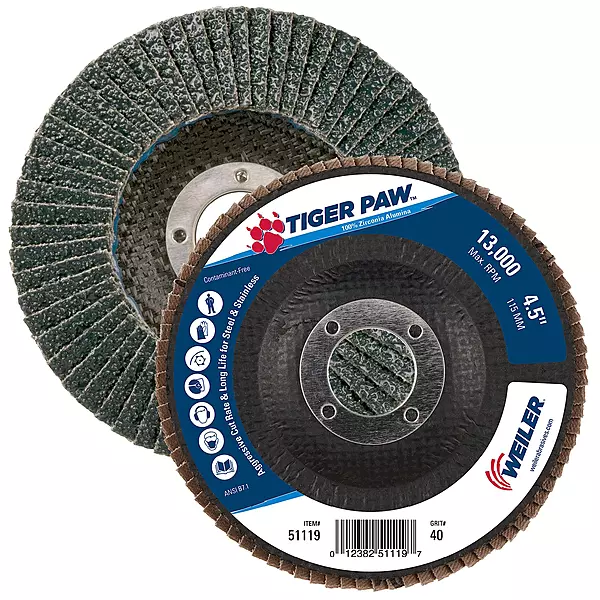 Weiler 51119 4-1/2" Tiger Paw Abrasive Flap Disc, Angled (Ty29), Phenolic Backing, 40Z