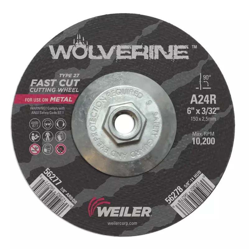 Weiler 56278 6 Inch Cutting Wheel, Wolverine AO Steel/Metal Fast Cutting, 3/32" A24R Type 27 5/8"-11 Hub