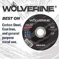 Weiler 56278 6 Inch Cutting Wheel, Wolverine AO Steel/Metal Fast Cutting, 3/32" A24R Type 27 5/8"-11 Hub